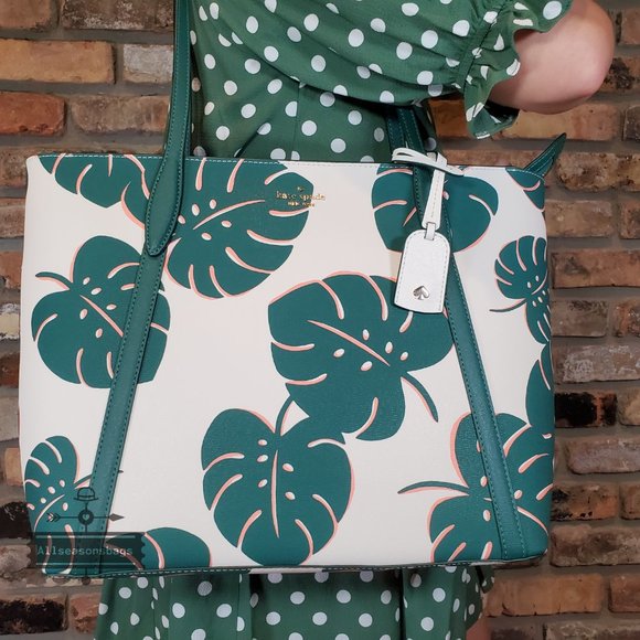 kate spade Handbags - NWT Kate Spade AUTHENTIC Cara Monstera Leaves Large Tote Cream Multi Green Leaf